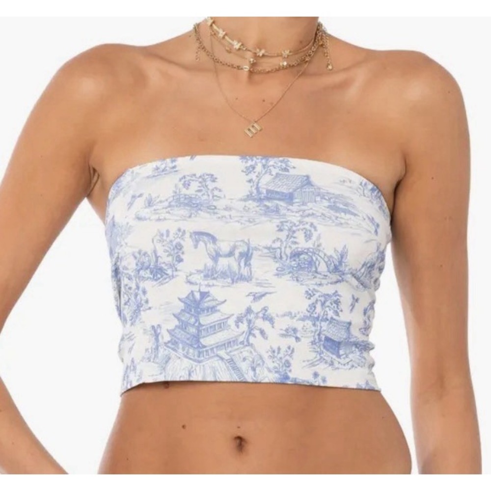 Edikted Blue White Toile Scenic Print Strapless Tube Crop Top XS